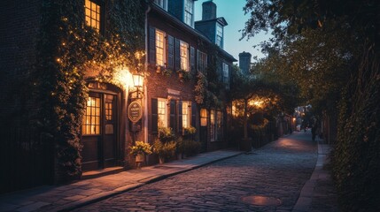 Twilight Glow on a Historic Building, a picturesque scene featuring an enchanting old structure nestled beside a cobblestone street, radiating warm evening light.