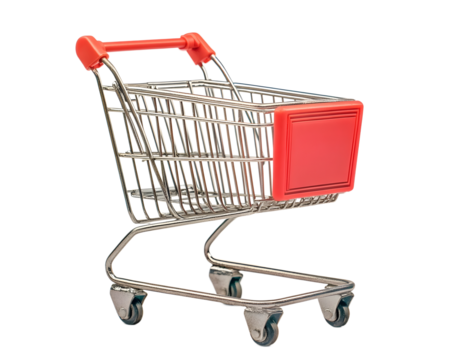 Mini Shopping Cart: A tiny, red-handled shopping cart, isolated on a white background, evokes a sense of playful retail therapy or miniature shopping experiences.  