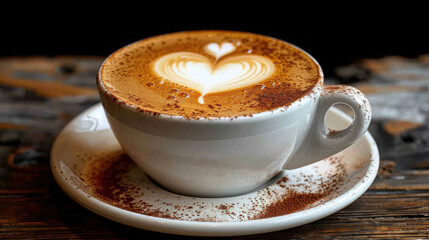 A cup of cappuccino with latte art in the shape of a heart on a white coffee saucer, sitting at a wooden table.