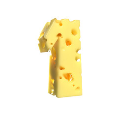 Cheese alphabet. Number 1 on transparent background, 3d render.