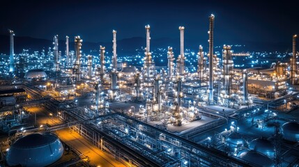 Fototapeta premium Expansive view of an oil refinery at night, bright lights illuminating crude oil tanks, pipelines, and distillation columns, showcasing industrial activity