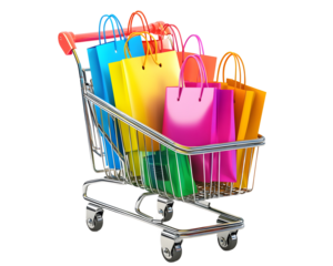 Shopping Spree: A colorful array of shopping bags overflows a shiny shopping cart, symbolizing the joy and satisfaction of retail therapy. The vibrant hues and cheerful composition evoke a sense of ex