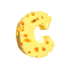 Cheese alphabet. Letter C on transparent background, 3d render.