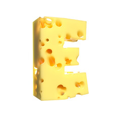 Cheese alphabet. Letter E on transparent background, 3d render.