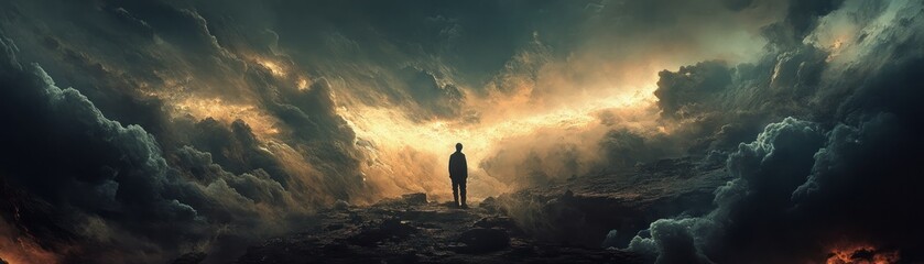 Fototapeta premium A lone figure stands on a rocky ridge amidst a swirling, ethereal sky