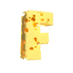 Cheese alphabet. Letter F on transparent background, 3d render.