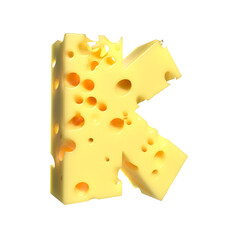 Cheese alphabet. Letter K on transparent background, 3d render.