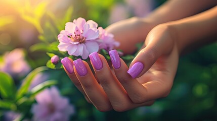 Fototapeta premium Female hands with vibrant purple nails, gently holding a blooming flower, showcasing a perfect summer manicure in soft natural light