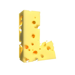 Cheese alphabet. Letter L on transparent background, 3d render.