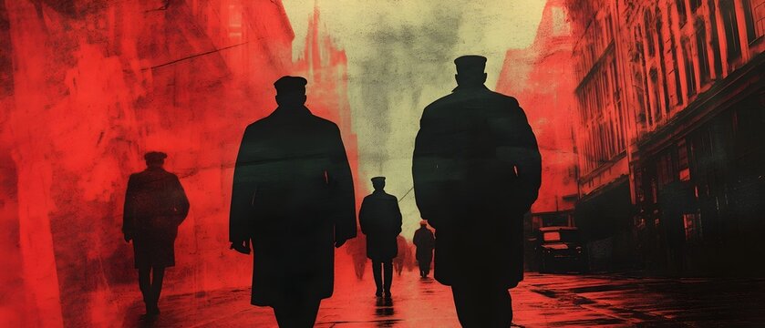 Dramatic silhouetted figures walking down a gloomy red lit urban alley in a style reminiscent of Cold War era documentary photography evoking a sense of propaganda campaigns