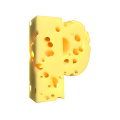 Cheese alphabet. Letter P on transparent background, 3d render.