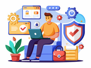 Obraz premium Cybersecurity and Data Protection Vector Art of Online Security with Shield Icons on White Background