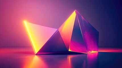 Abstract Geometric Shapes Illuminated by Neon Lights, Vibrant Colors, and Reflections on a Glossy Surface