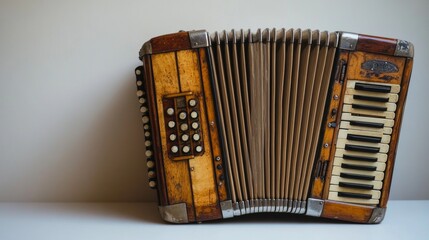 Classic Accordion Display, an elegant accordion showcasing intricate bellows and buttons, set against a pristine white surface, highlighting its craftsmanship and design.