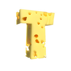 Cheese alphabet. Letter T on transparent background, 3d render.