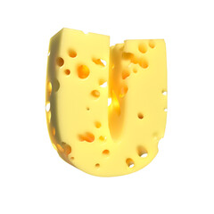 Cheese alphabet. Letter U on transparent background, 3d render.