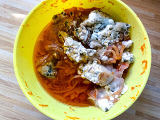 Blue gray mold on fish,spoiled rotten poisonous bacteria food in bowl,violation of cooking...