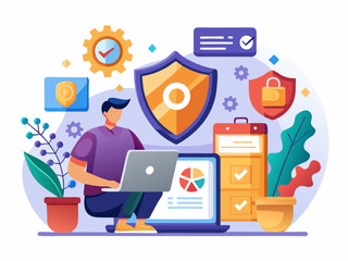 Cybersecurity and Data Protection Vector Art of Online Security with Shield Icons on White Background