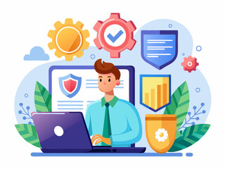 Fototapeta premium Cybersecurity and Data Protection Vector Art of Online Security with Shield Icons on White Background