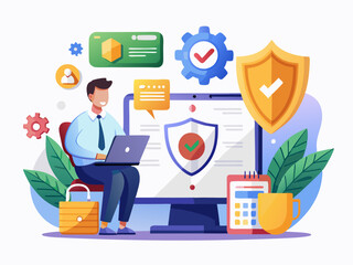 Cybersecurity and Data Protection Vector Art of Online Security with Shield Icons on White Background