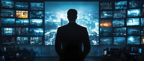 Silhouetted figure standing before a vast array of screens and displays overlooking a complex surveillance network in a dramatic high tech cityscape