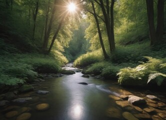 Fototapeta premium A tranquil stream gently flowing through a lush green forest, creating a peaceful atmosphere