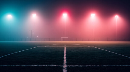 The heart of an empty soccer field, glowing under neon lights with a thick fog rolling in. The neon colors cut through the haze, creating a visually intense and vibrant environment. The field's empty