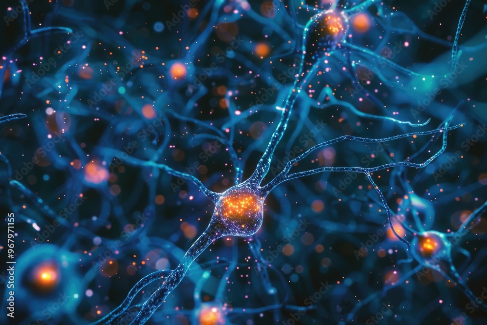Poster Close up of neuron bundles, brain cells with synapses and dendrites