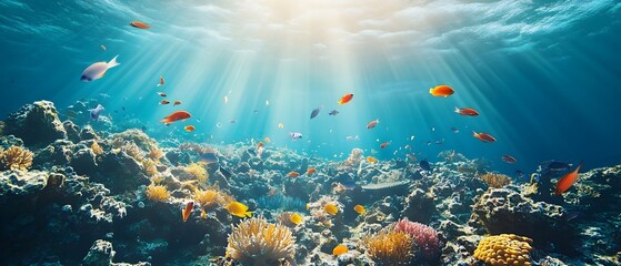 Obraz premium Vibrant and Colorful Coral Reef Ecosystem Teeming with Diverse Marine Life under the Sunlight in the Tropical Ocean