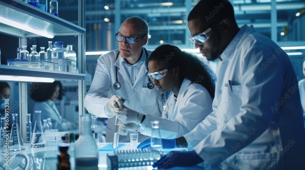 Poster A group of scientists working together in a modern laboratory setting