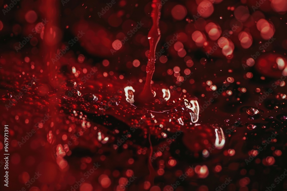 Poster A close-up shot of water droplets on a red surface, ideal for use in illustrations and designs where a sense of texture and pattern is needed