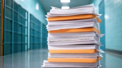 Stack of inmate files in a prison office, documenting criminal histories, Prison records, administration