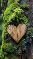 Wooden heart on tree covered with green moss, nature love concept
