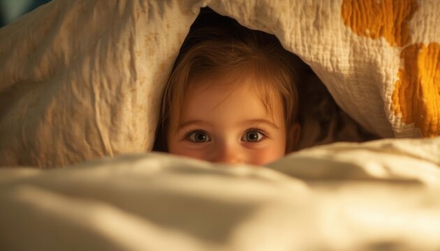 Child peeking out from behind a bed, giggling during a playful game, halloween peek, playful moment.