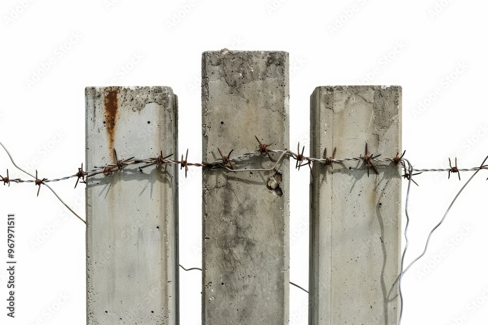 Poster a close-up shot of a fence with barbed wire, often used in industrial or security contexts
