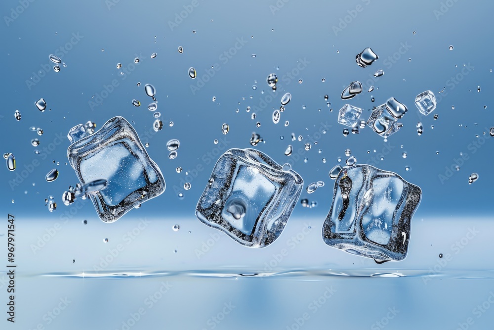 Poster Three ice cubes dropping into a pool of clear water, creating ripples and refractions