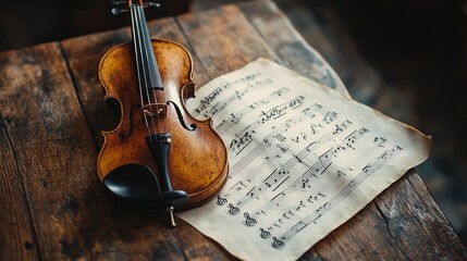Fototapeta premium Classical Violin on Sheet Music, a beautifully arranged scene featuring a finely crafted violin resting on sheet music, set on a polished wooden table in a serene environment