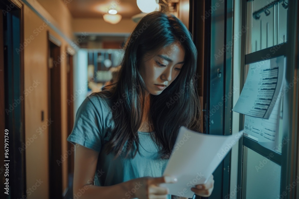 Poster A person sitting in a hallway, reading a piece of paper