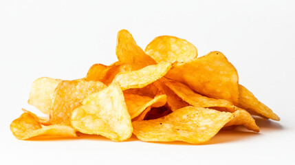 A pile of potato chips against a white backdrop.