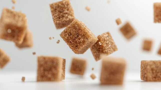 A cluster of brown sugar cubes floating in the air, ideal for use in food or confectionery-related designs
