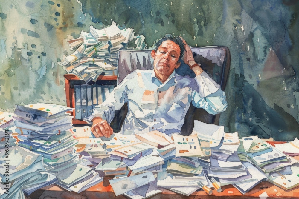 Poster a person sits at a desk surrounded by stacks of paperwork, suggesting a busy or overwhelmed work env