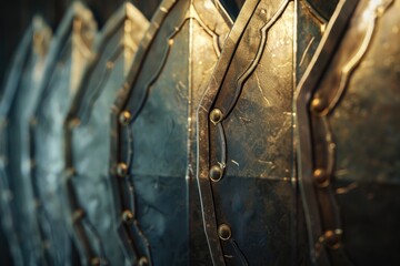 Naklejka premium A close-up shot of a row of metal armor, ideal for use in fantasy or medieval-themed designs