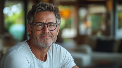 Obraz premium A man wearing glasses is smiling and looking at the camera. He is wearing a white shirt and he is in a relaxed and comfortable mood