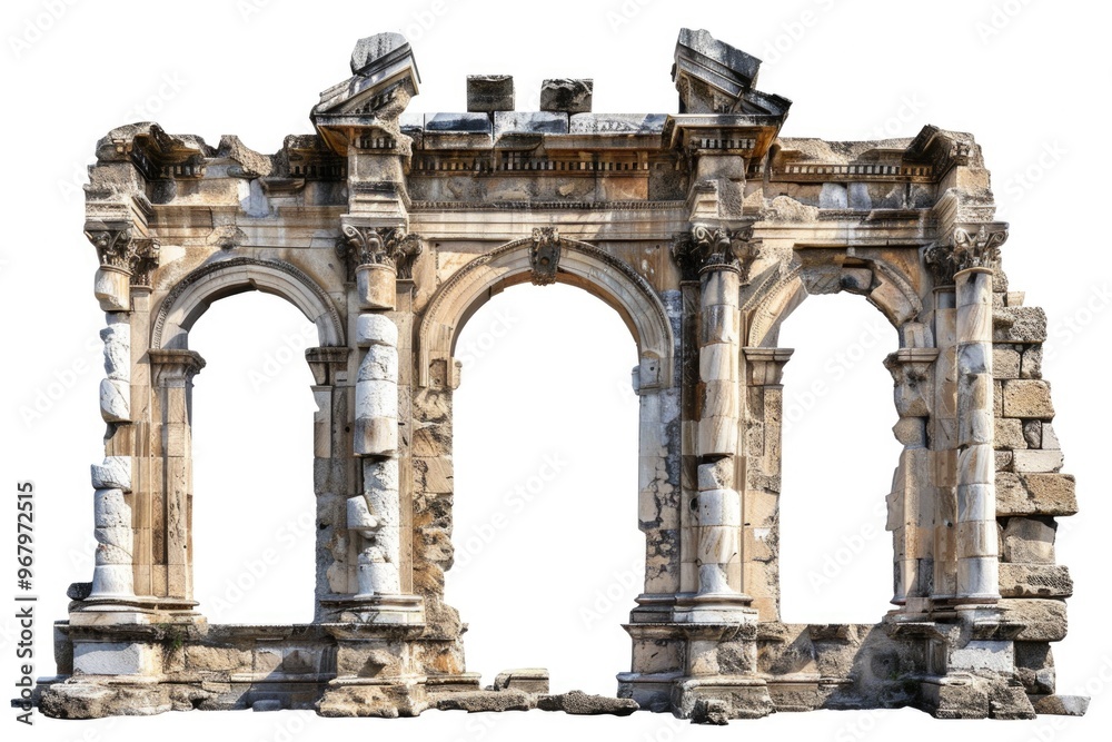 Poster a large arch with statues on top, suitable for backgrounds and architectural designs