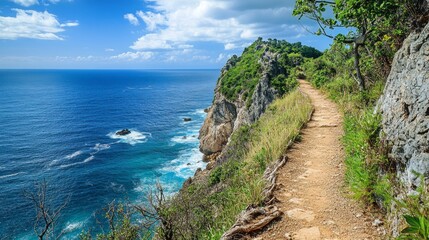 Obraz premium Coastal Cliff Trail, a scenic path winding along rugged cliffs, offering stunning panoramic views of the expansive ocean and dramatic seascapes.