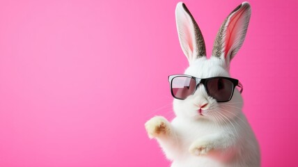 Cute funny Easter bunny wearing glasses, set against a solid color background. Intellectual look, perfect for Easter and spring-themed designs and concepts.