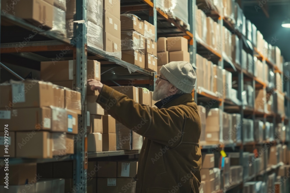 Poster A man is inspecting and organizing items on a shelf in a warehouse setting