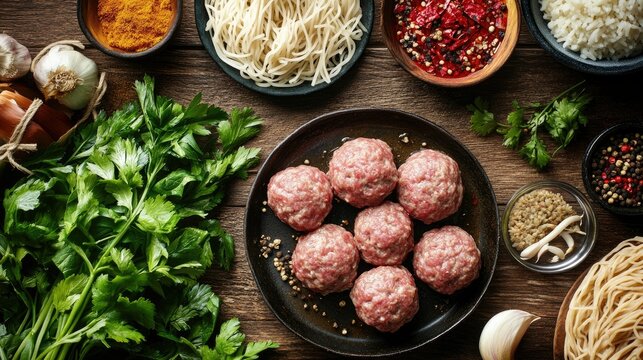 Fresh ingredients for bakso meatball soup laid out on a rustic wooden table, including raw meatballs, noodles, greens, and spices, ready to be cooked in a traditional Indonesian style