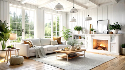 Fototapeta premium Cozy white living room interior, home mockup, 3d render, white Mock up
