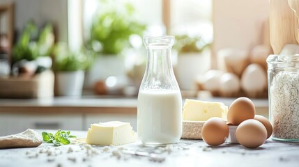 Fresh milk in a glass bottle, surrounded by homemade cheese, butter, and eggs on a bright kitchen table, conveying the importance of dairy in children's diet